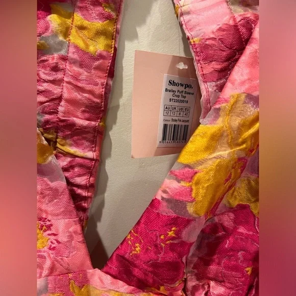 NWT BRAILEY TOP - PUFF SLEEVE CROP TOP IN PINK JACQUARD SZ 8 US 🩷✨✨🔥🔥 - Picture 8 of 8